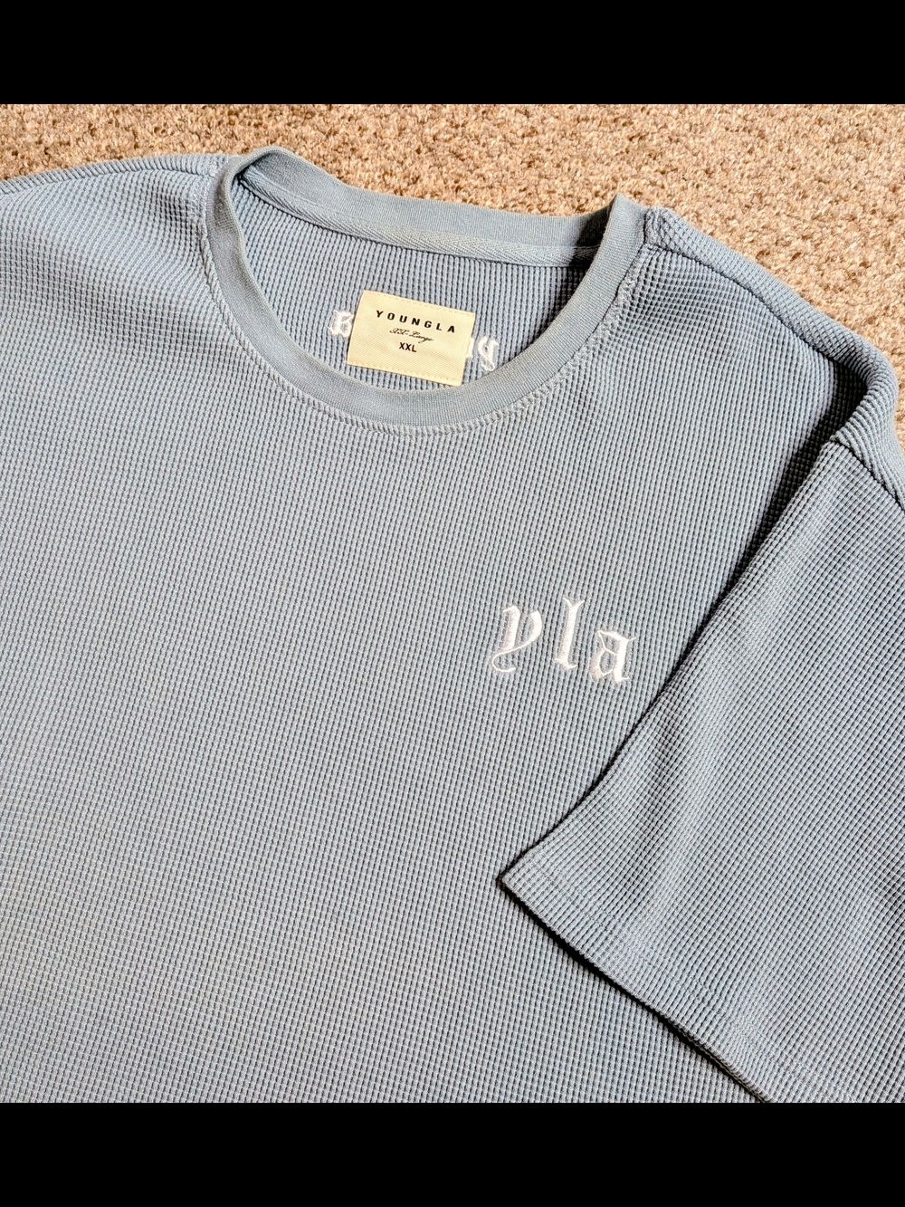 YoungLA Men's Pale Blue Waffle Knit Tee with Subtle Logo